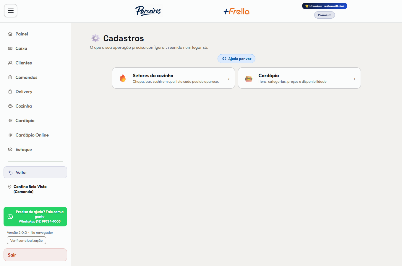 Tela Cadastros da Comanda Digital no +Freela, com dois cartões: Setores da cozinha — chapa, bar, sushi: em qual tela cada pedido aparece — e Cardápio — itens, categorias, preços e disponibilidade