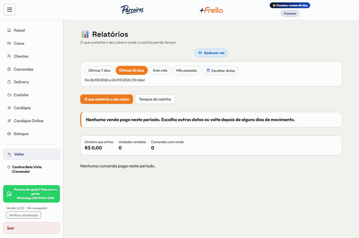 Tela Relatórios da Comanda Digital no +Freela, com os atalhos de período — últimos 7 dias, últimos 30 dias, este mês, mês passado e escolher datas —, as duas abas O que sustenta o seu caixa e Tempos da cozinha, e o aviso de que não houve venda paga no período escolhido