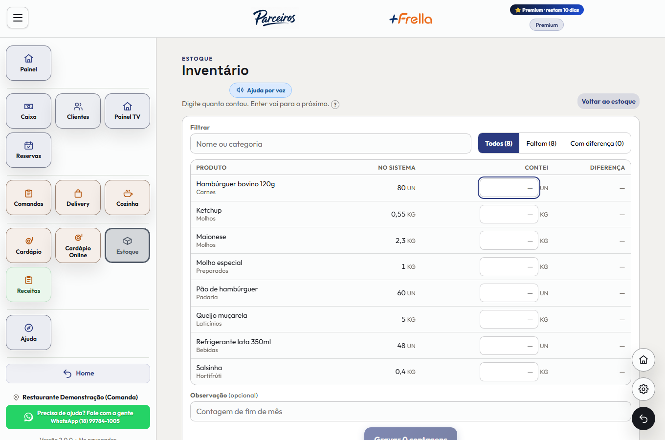 Tela Inventário do Estoque do +Freela, com a busca, os filtros Todos, Faltam e Com diferença, e a tabela com a coluna de contagem e a diferença de cada produto