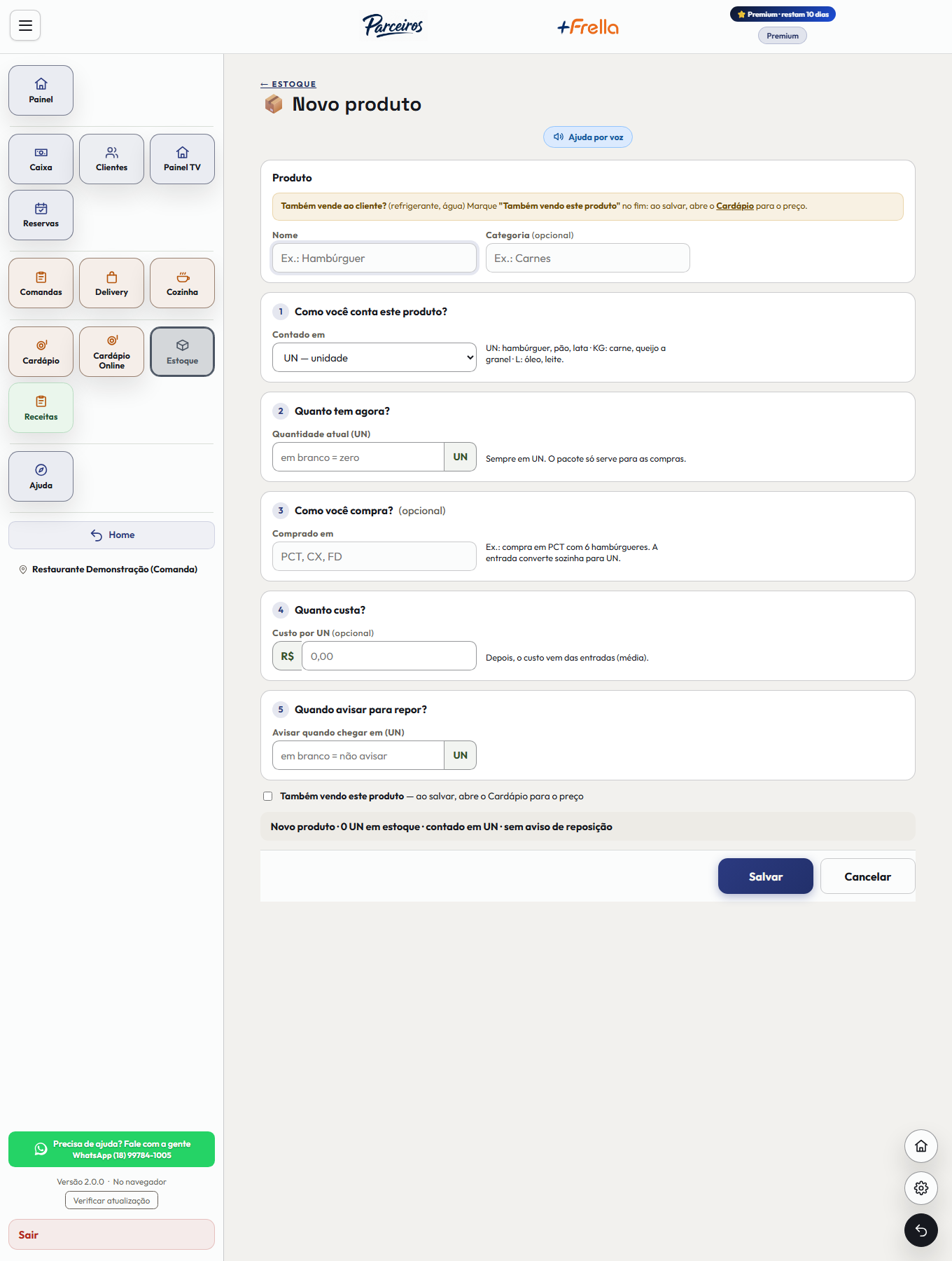 Página Novo produto do Estoque do +Freela, em passos: nome e categoria, 1 Como você conta este produto, 2 Quanto tem agora, 3 Como você compra, 4 Quanto custa, 5 Quando avisar para repor, e o resumo antes do botão Salvar