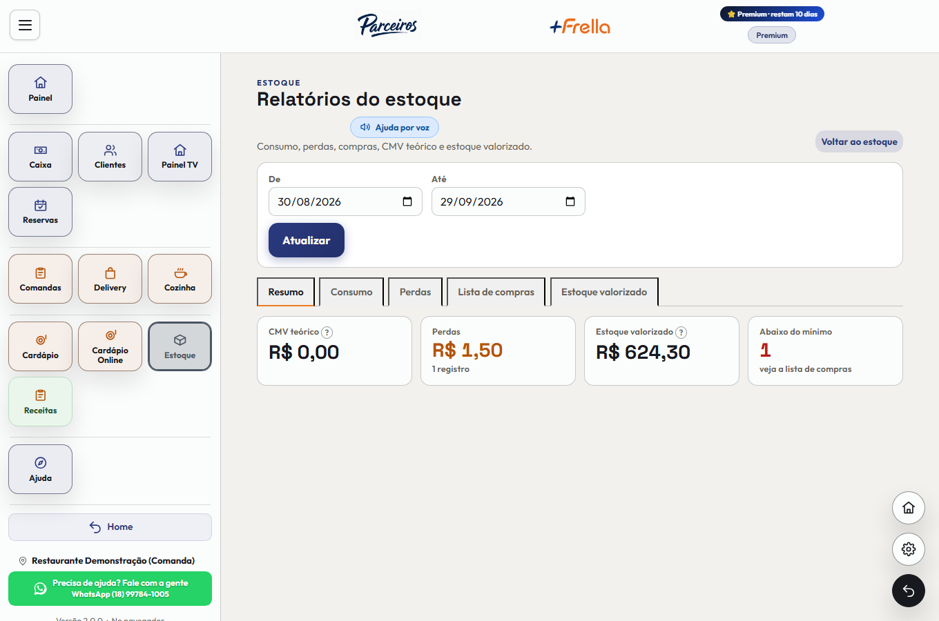 Tela Relatórios do estoque do +Freela, com o período, as abas Resumo, Consumo, Perdas, Lista de compras e Estoque valorizado, e os indicadores de CMV teórico, perdas, estoque valorizado e itens abaixo do mínimo