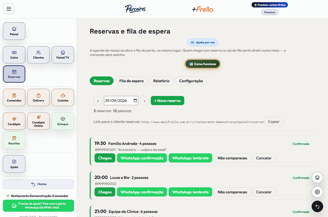 Tela Reservas e fila de espera do +Freela, com as abas Reservas, Fila, Relatório e Configuração, o dia da agenda e o botão Nova reserva