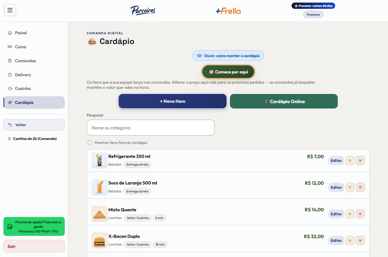 Tela do cardápio no +Freela, com cada item mostrando foto, nome, categoria, preço, o setor de preparo, o tempo médio e as ações de editar, pausar e excluir