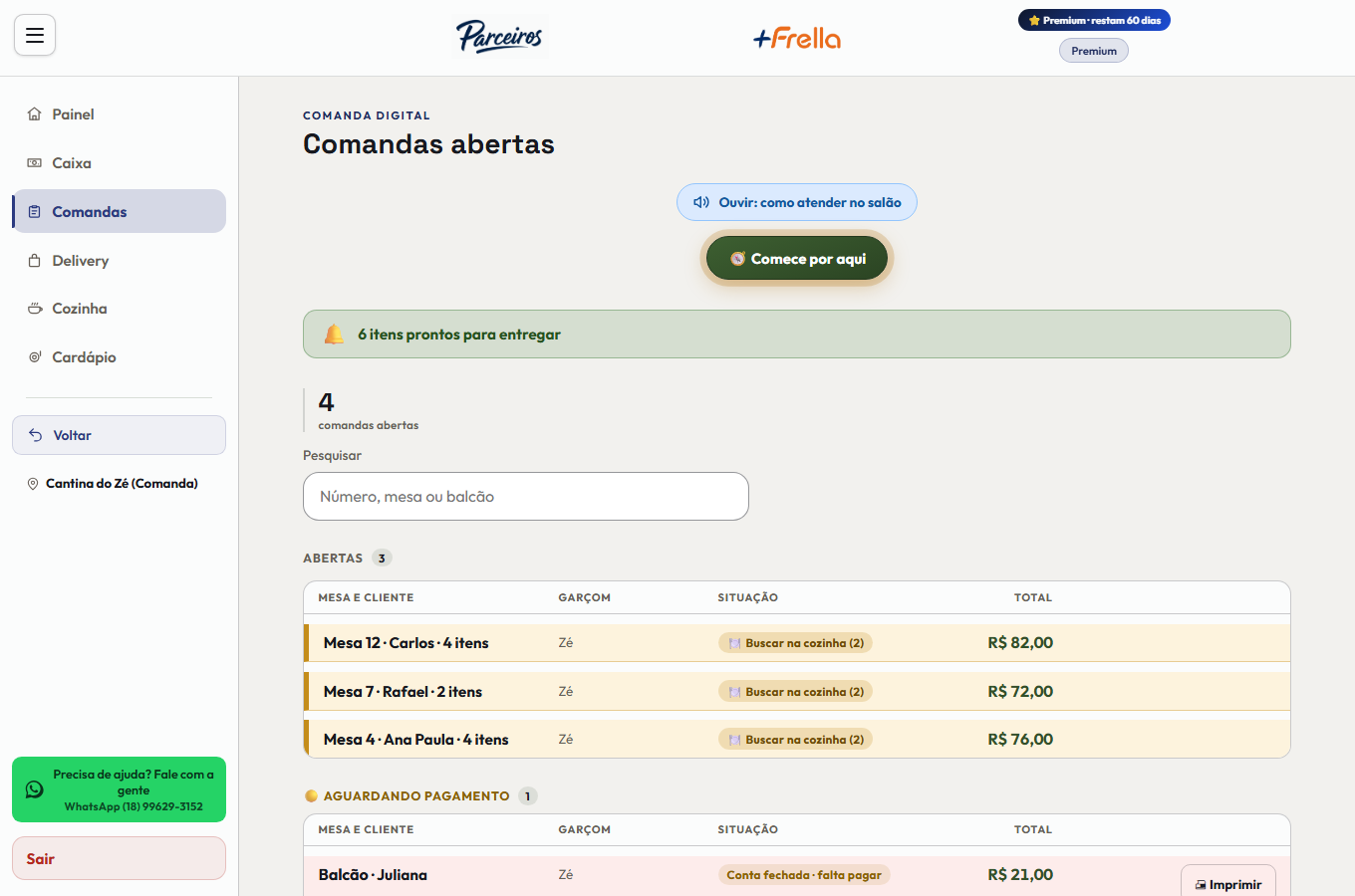 Tela de comandas abertas do +Freela, com quatro comandas em atendimento — Mesa 12, Mesa 7 e Mesa 4 abertas e o Balcão com a conta fechada aguardando pagamento —, cada uma com cliente, garçom, situação e total, e o menu lateral de Painel, Caixa, Comandas, Delivery, Cozinha e Cardápio